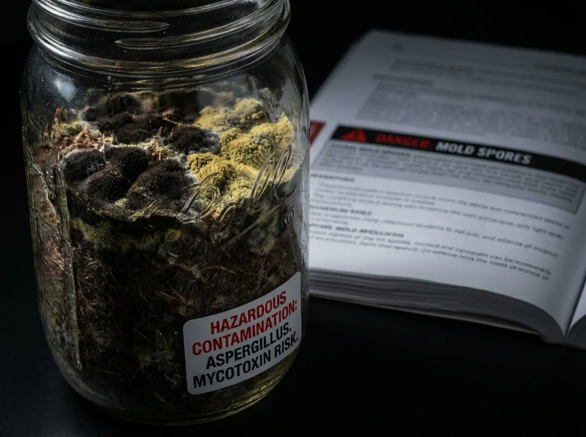 Dark contaminated mushroom substrate in a jar with a hazardous contamination label, representing black mold risk.