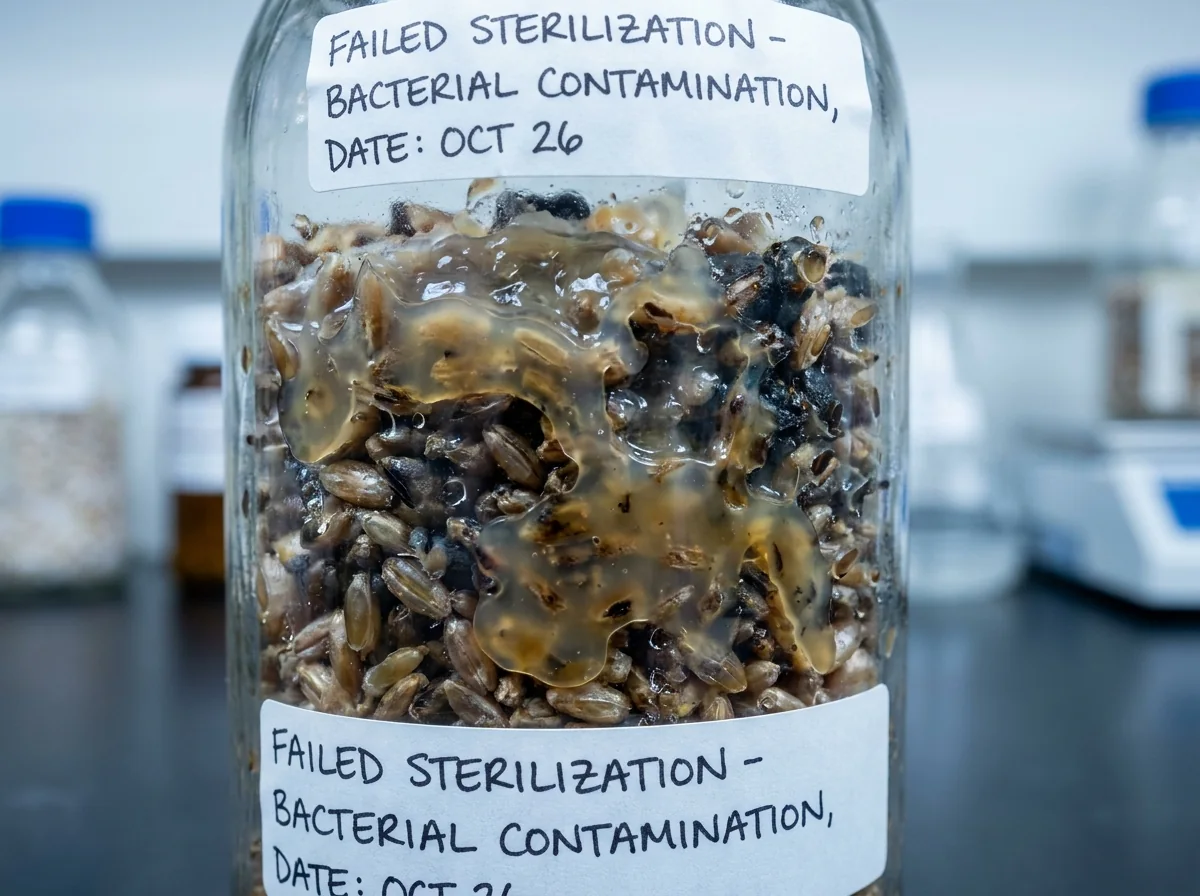 Wet grain jar with yellow slimy bacterial contamination and failed sterilization label.