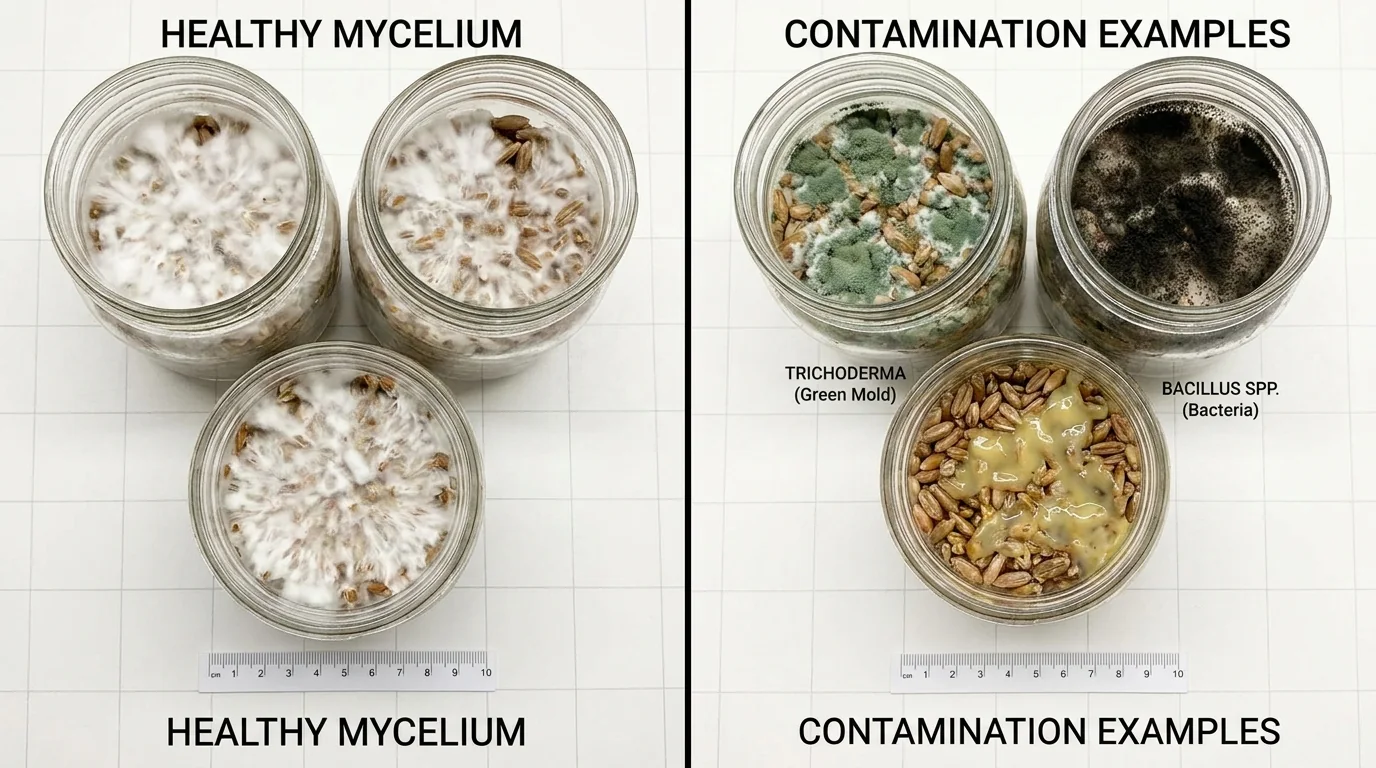 Healthy mycelium jars compared with contaminated grain jars for the contamination guide