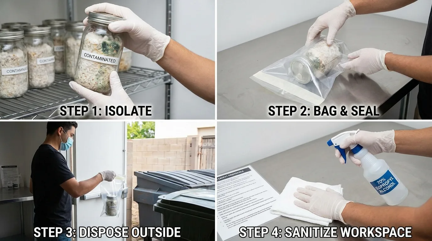 Four-step contamination response process showing isolate, bag and seal, dispose outside, and sanitize workspace.