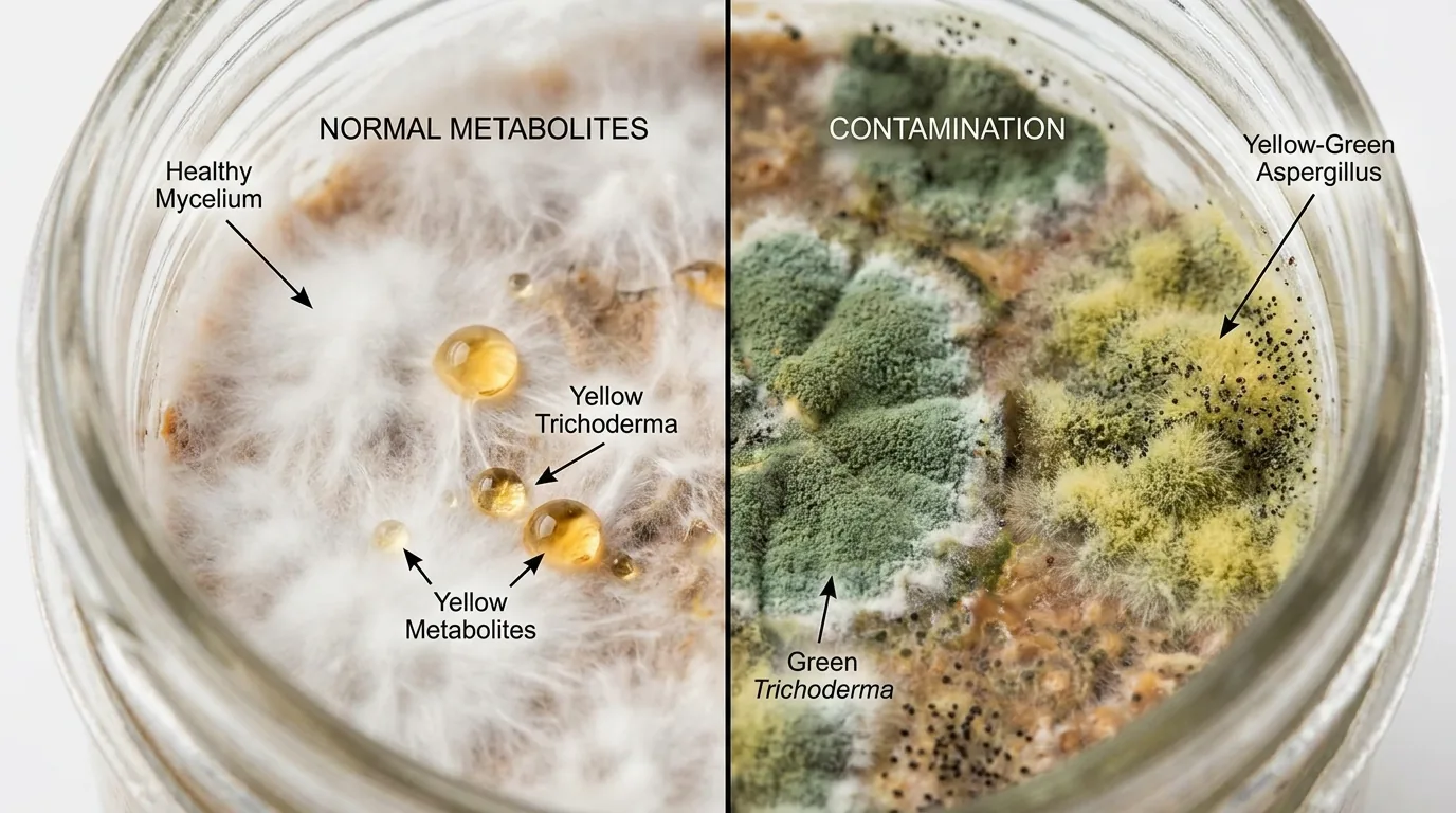 Split comparison showing normal yellow metabolites beside green and yellow-green mold contamination.