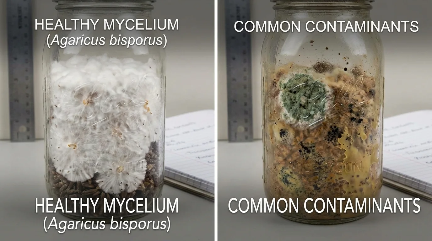 Side-by-side educational comparison of a healthy colonized grain jar and a jar showing common contaminant growth.