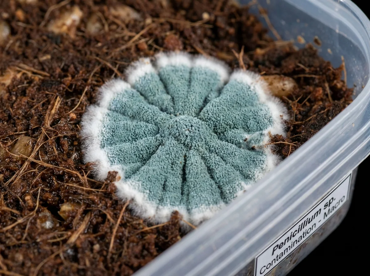Blue-green Penicillium-like mold colony spreading on the surface of a mushroom substrate tray.