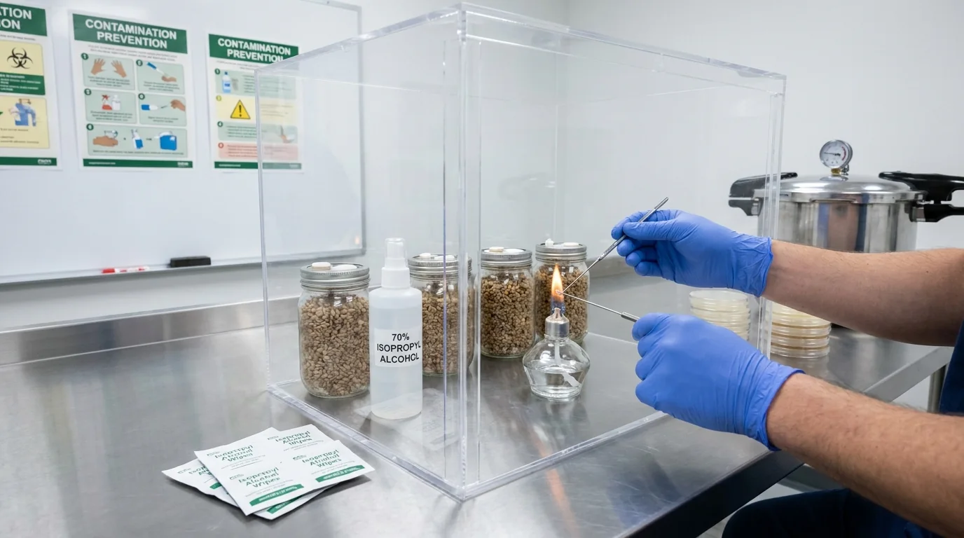 Gloved hands working near a still air box with alcohol, grain jars, and clean mycology tools for contamination prevention.