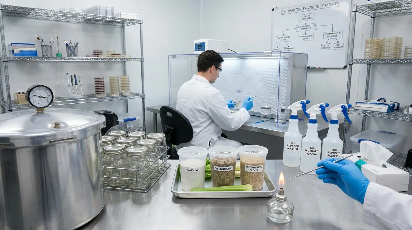 Clean mycology workspace with pressure cooker, jars, alcohol bottles, sterile tools, and organized work surfaces.