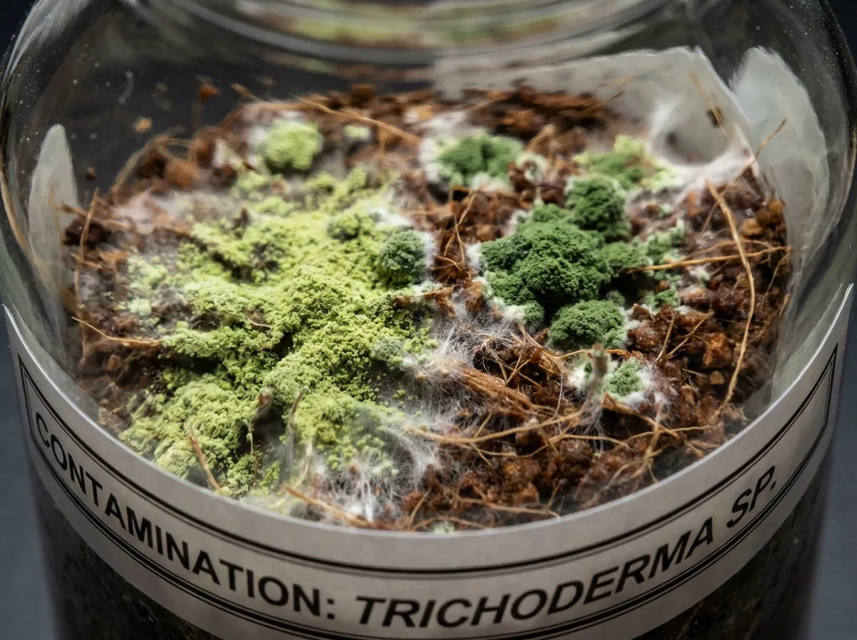 Close view of green Trichoderma mold spreading across mushroom substrate inside a labeled container.