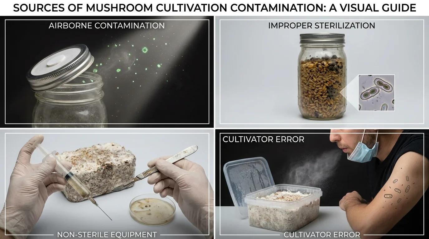 Four-panel visual guide to contamination sources in mushroom cultivation: airborne spores, incomplete sterilization, tool contact, and cultivator handling.