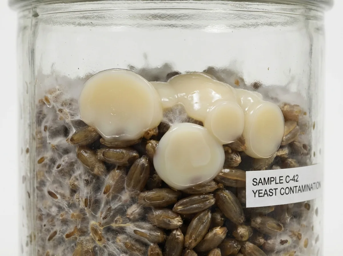 Cream-colored smooth yeast colonies forming wet polished patches on grain inside a jar.
