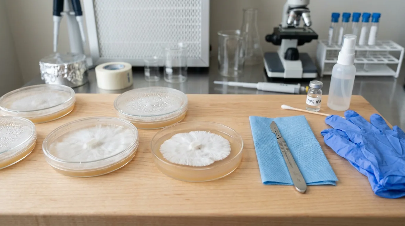 A clean agar isolation workstation with petri dishes, sterile tools, gloves, and prepared plates.