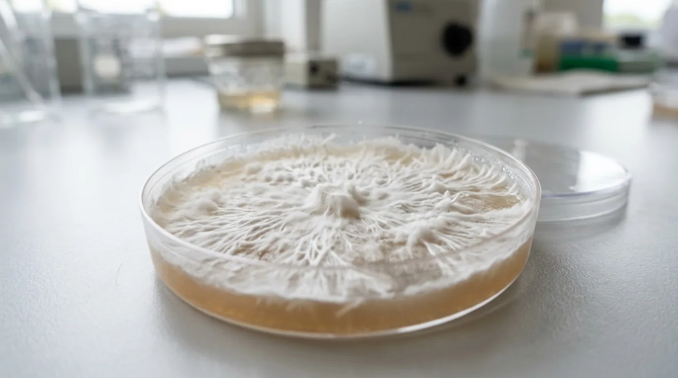 A petri dish with healthy white mycelium spreading across nutrient agar.