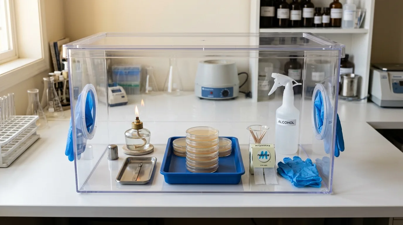 A still air box workstation with petri dishes, alcohol, gloves, and sterile agar tools.