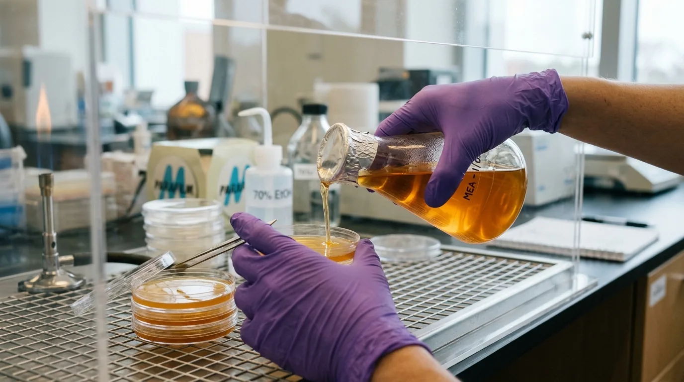 Gloved hands pouring amber malt extract agar into sterile petri dishes.