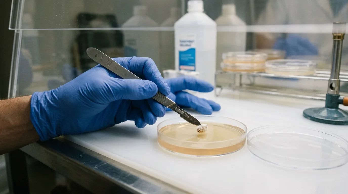 A sterile scalpel moving a small culture sample onto an agar plate.