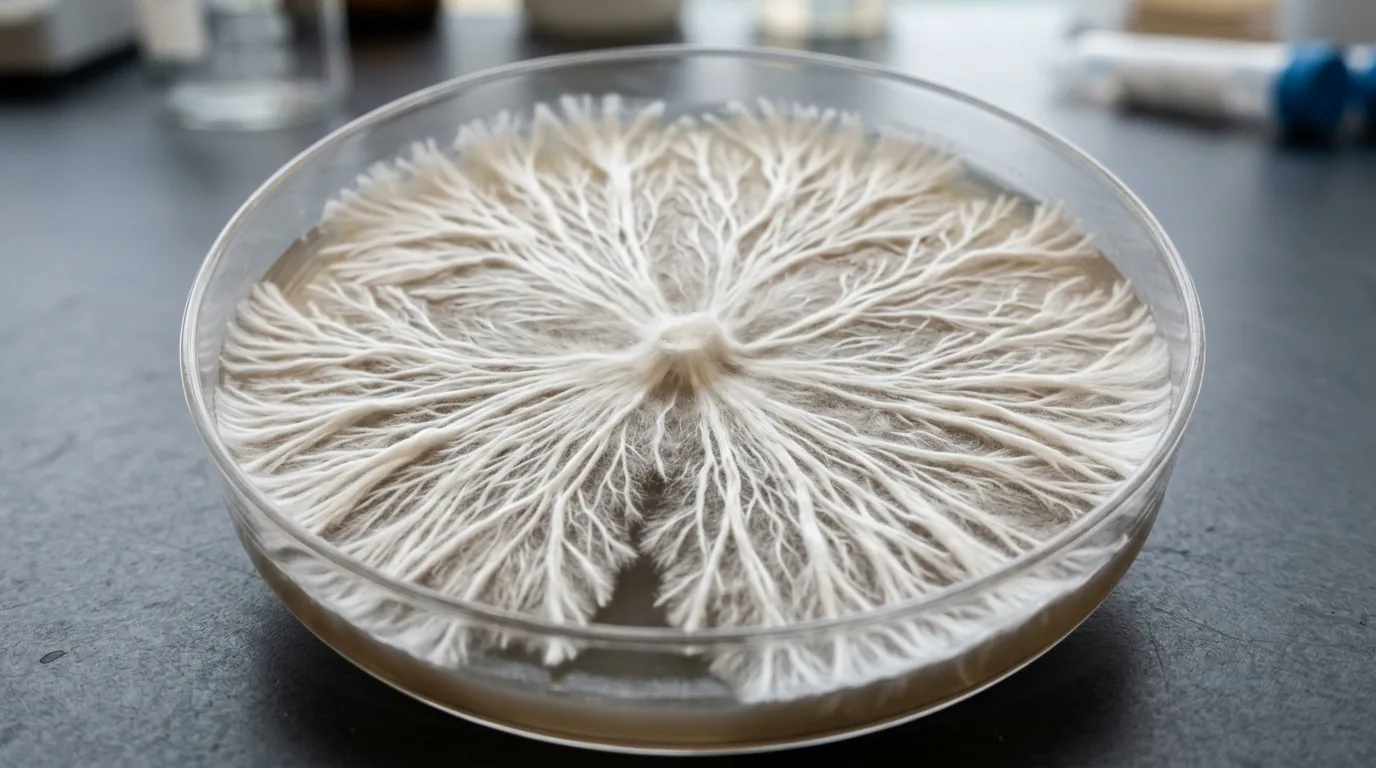 A close view of bright white rhizomorphic mycelium radiating across agar.