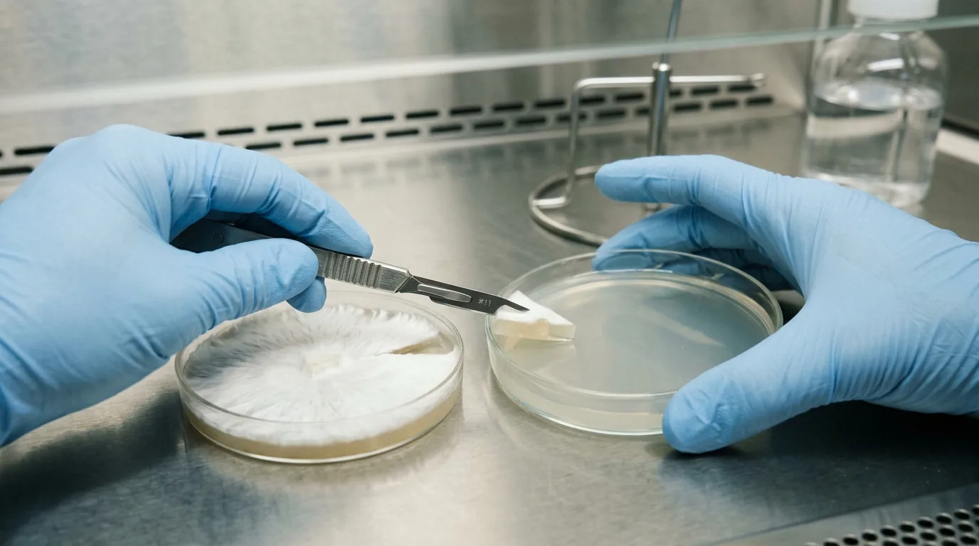 Gloved hands cutting a small wedge from a healthy agar plate for transfer.