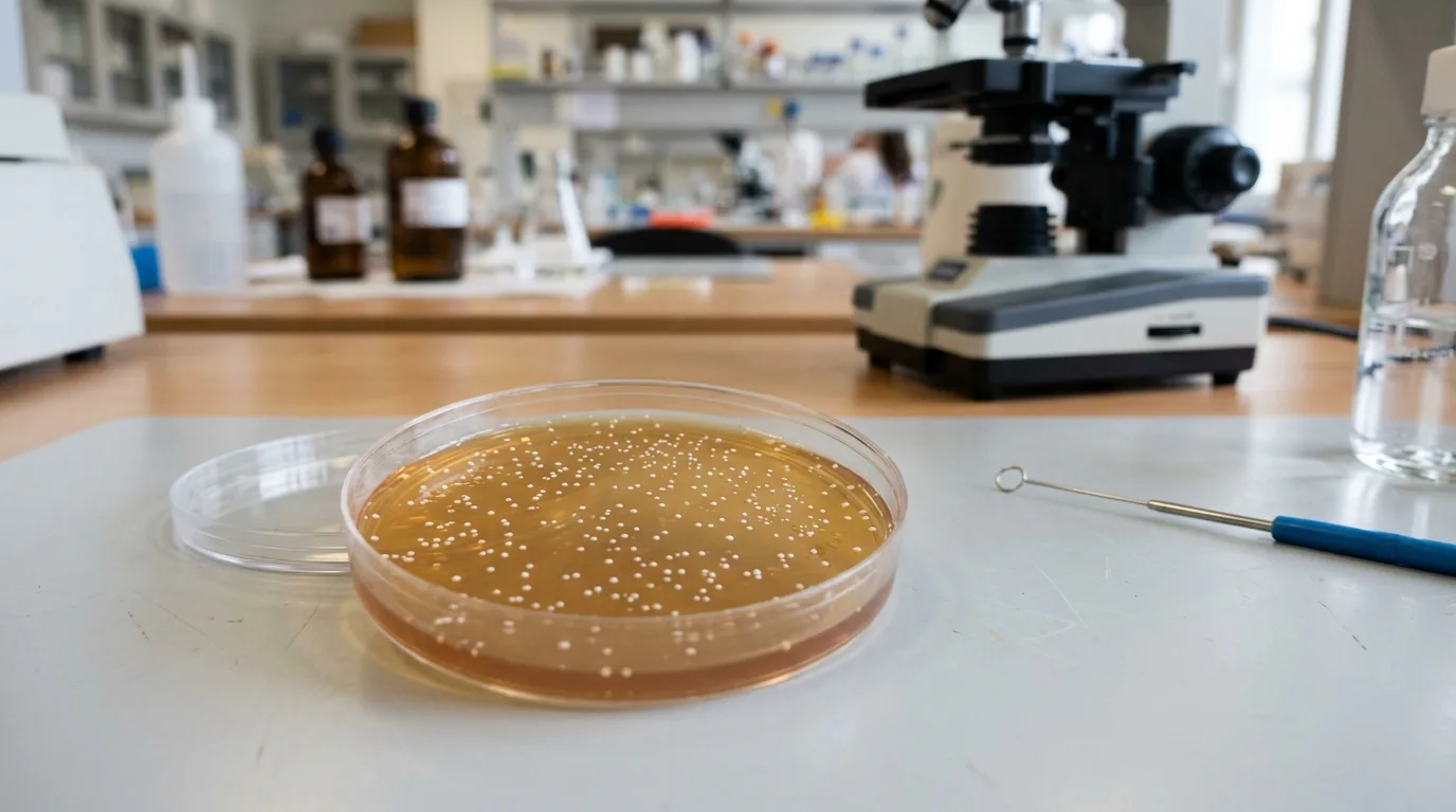 Agar plate with many tiny germination points under clean lab lighting.