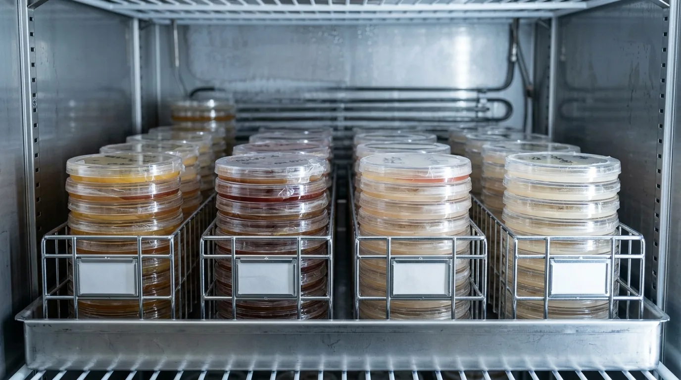 Racks of sealed agar culture plates stored neatly in a refrigerator.