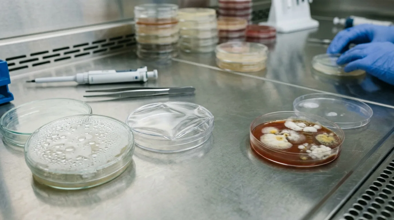 A sterile bench with clean agar plates and suspect contaminated plates separated for review.