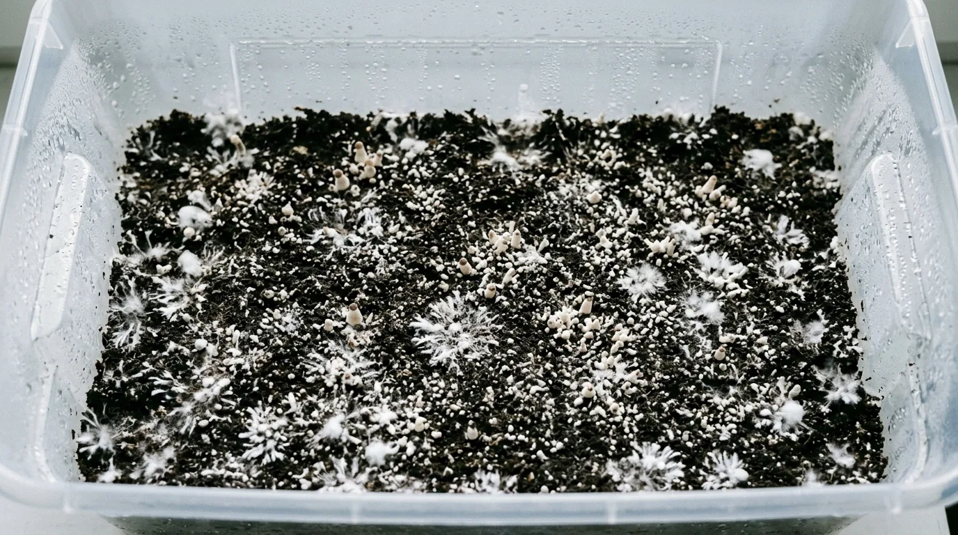 A colonized substrate tub with an even casing layer beginning to show healthy surface growth.
