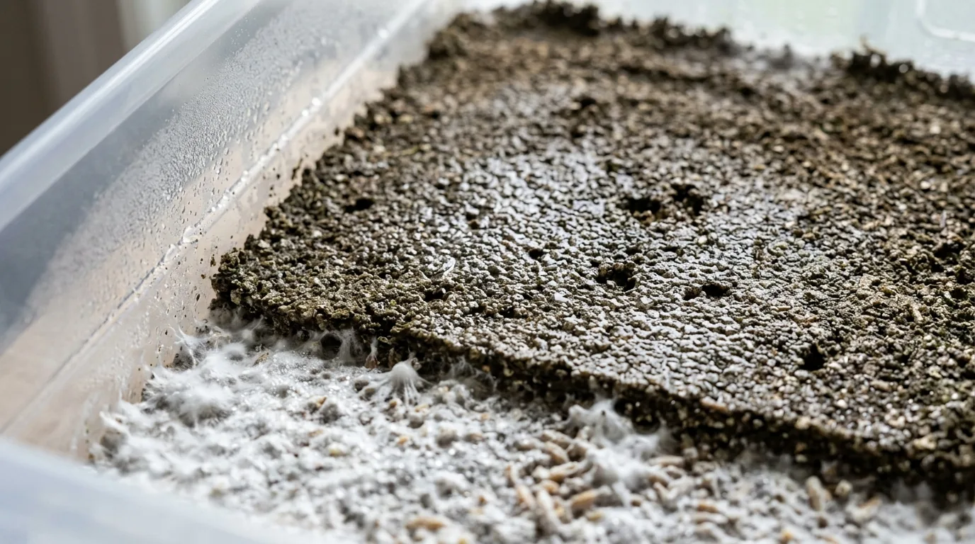 Close view of a thin casing layer over colonized mushroom substrate.
