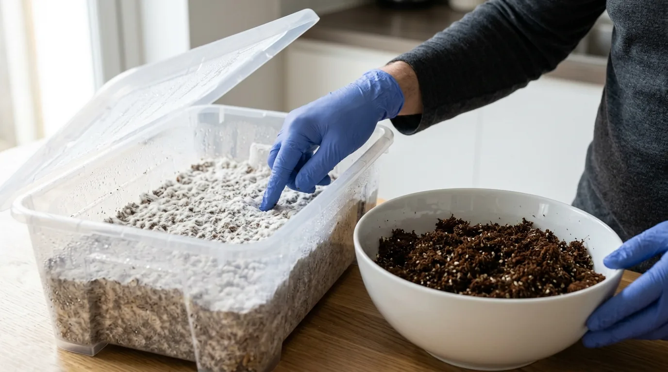 Gloved hands preparing casing material beside a colonized substrate tub.