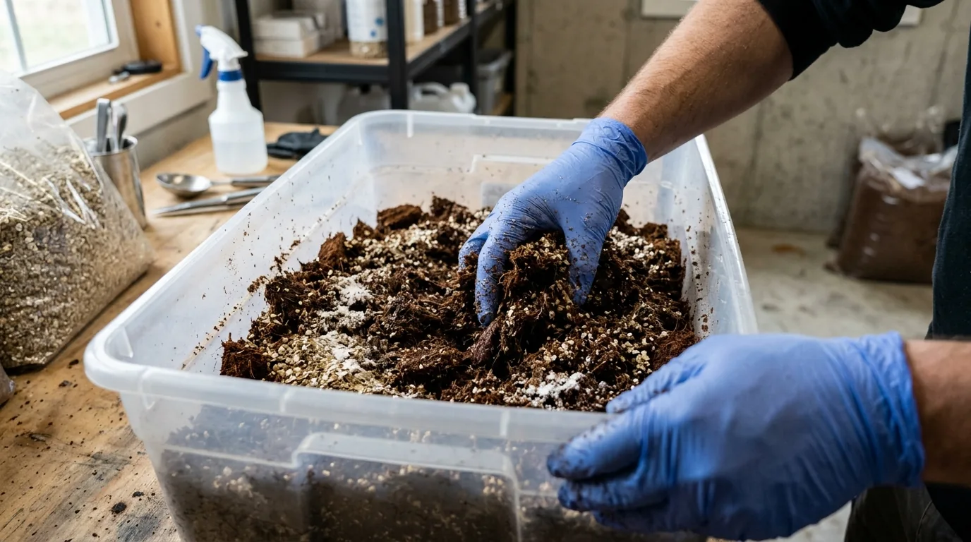 Gloved hands mixing hydrated coco coir and vermiculite in a clean tub.