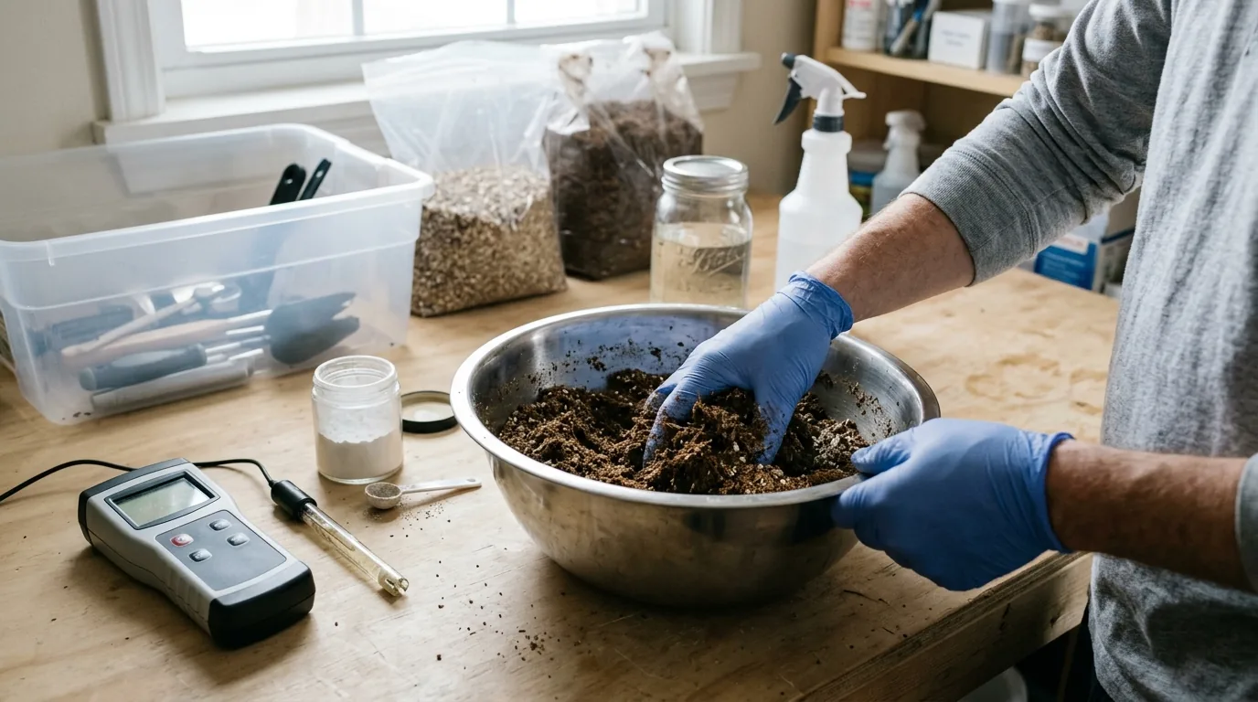 A peat-based casing mix being blended near a pH meter and clean tools.