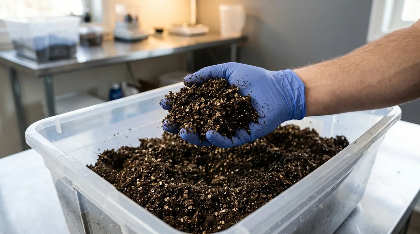 A gloved hand checking the moisture of a soil and vermiculite casing mix.