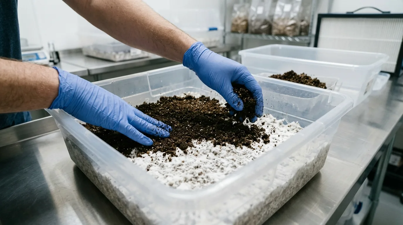 Gloved hands spreading casing material evenly over a colonized substrate tub.