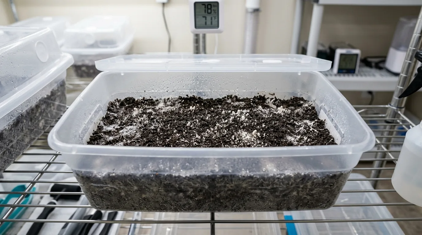 A cased tub showing early white mycelium emerging through the top layer.