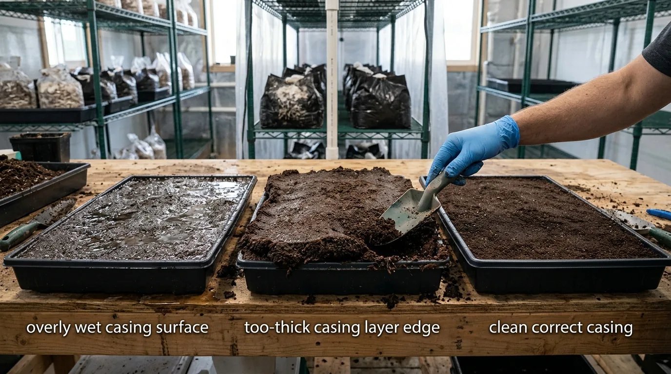 Three casing trays comparing an overly wet surface, a too-thick casing edge, and a correct casing layer.
