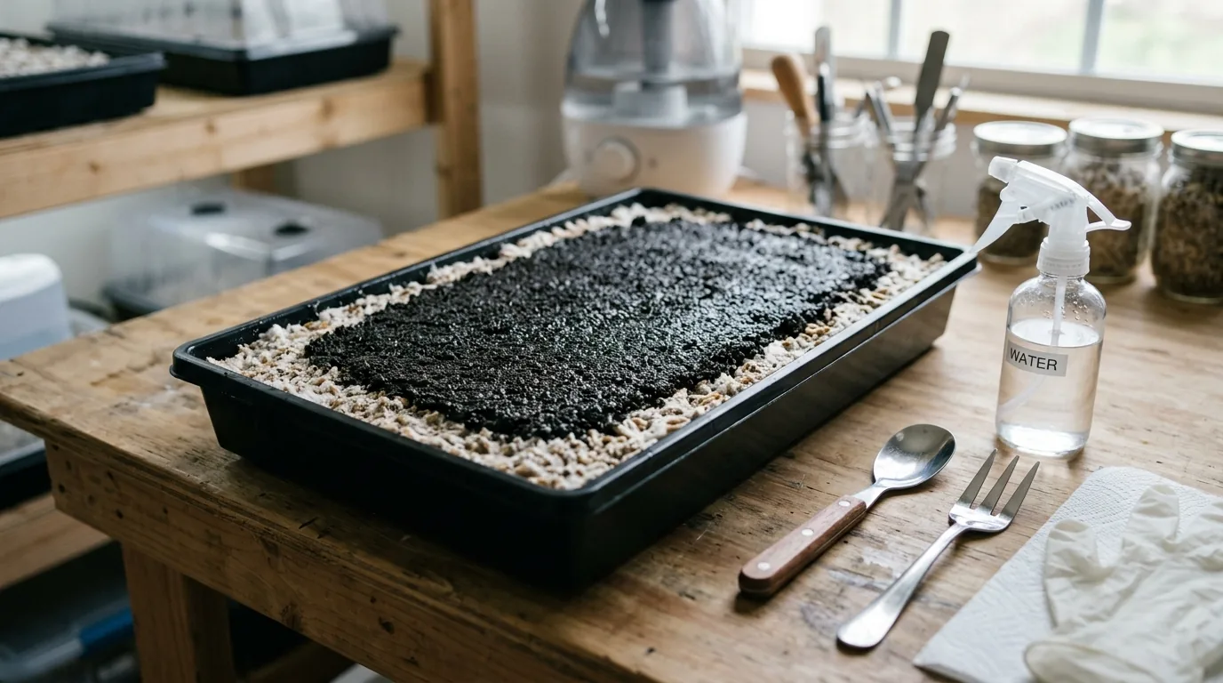 A cleaned casing tray with tools and misting bottle prepared for recovery after harvest.