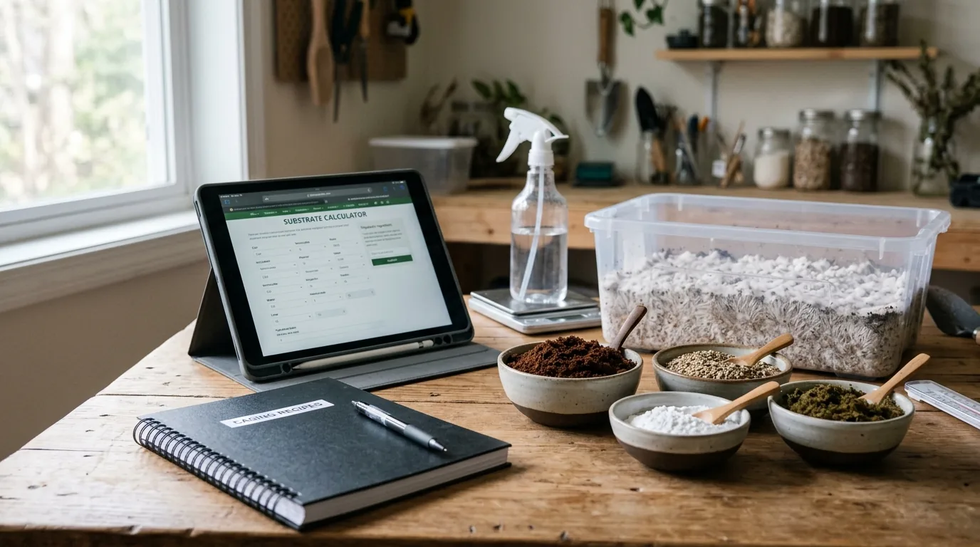 A tablet, notebook, casing ingredients, and cultivation tools arranged on a clean workbench.
