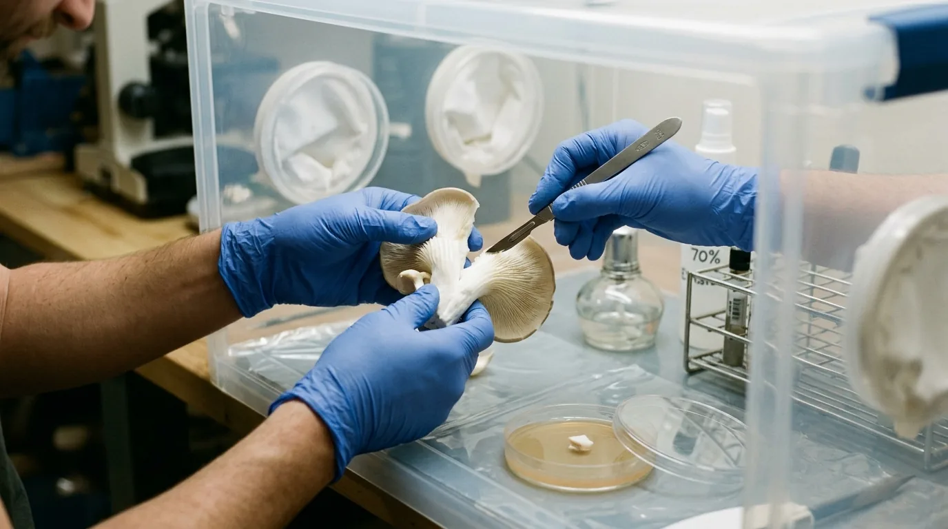 Gloved hands using a scalpel to transfer inner mushroom tissue inside a still air box.