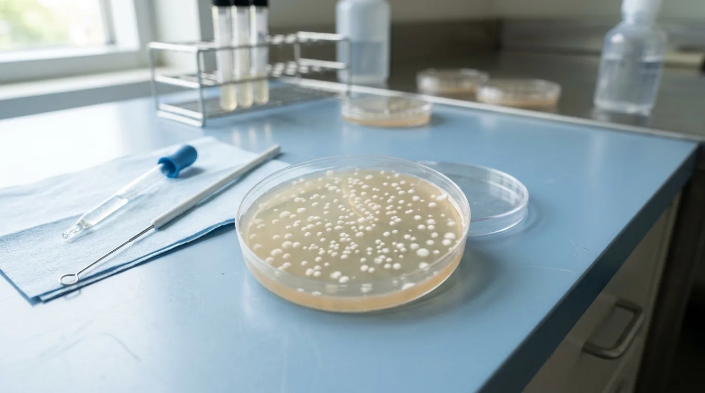 An agar plate with many small germination points on a sterile workbench.