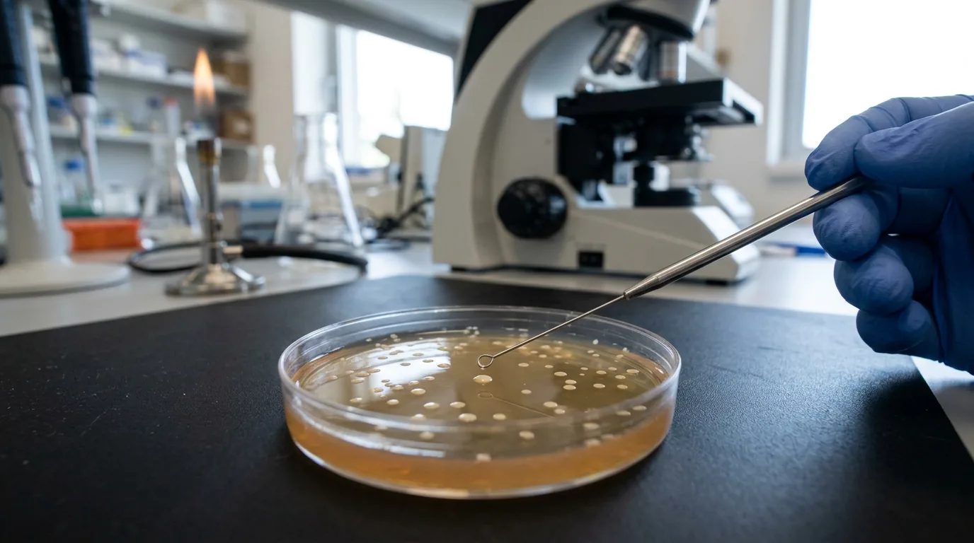A microscope and sterile tool beside an agar plate with tiny separated colonies.