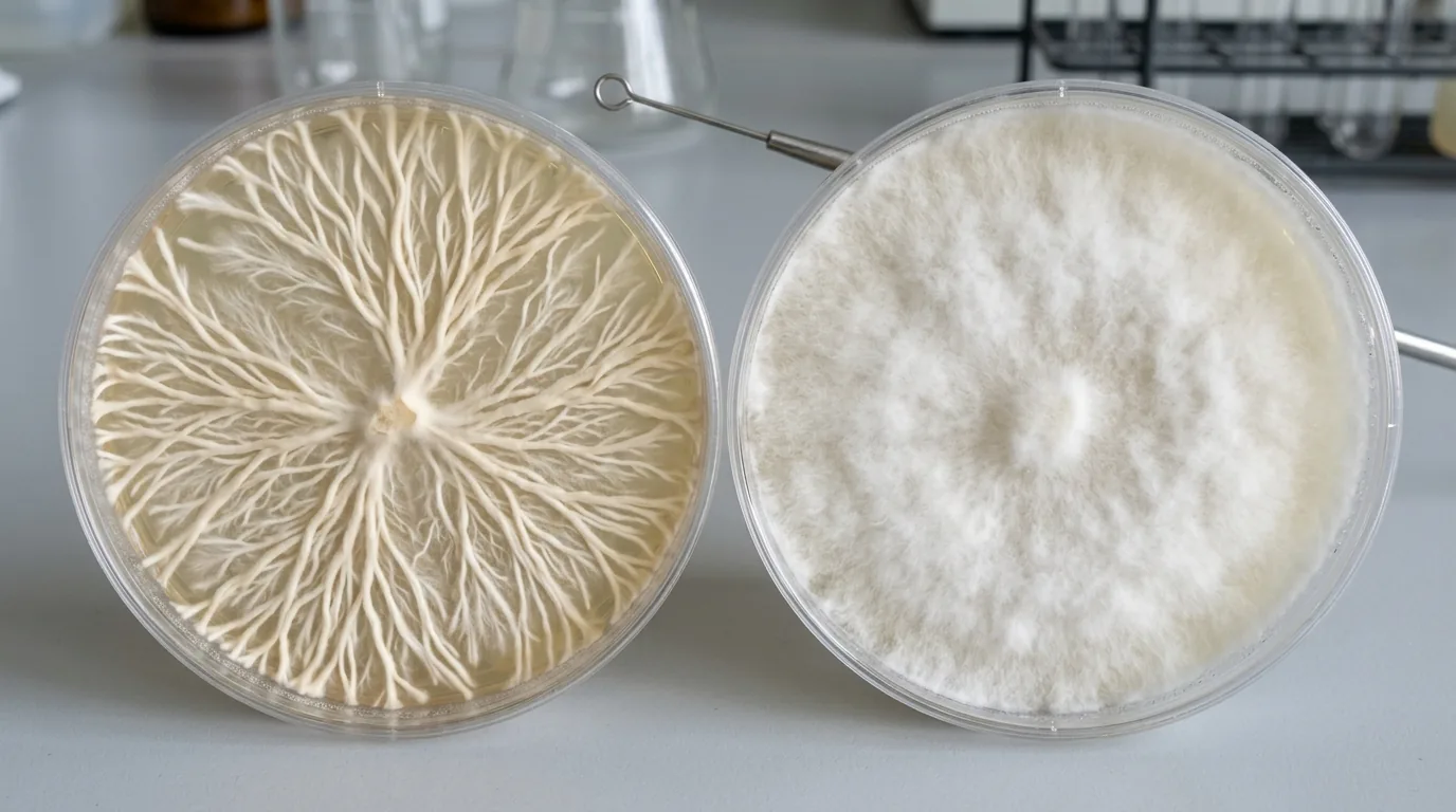 Two agar plates comparing rope-like rhizomorphic growth with fluffy diffuse mycelium.