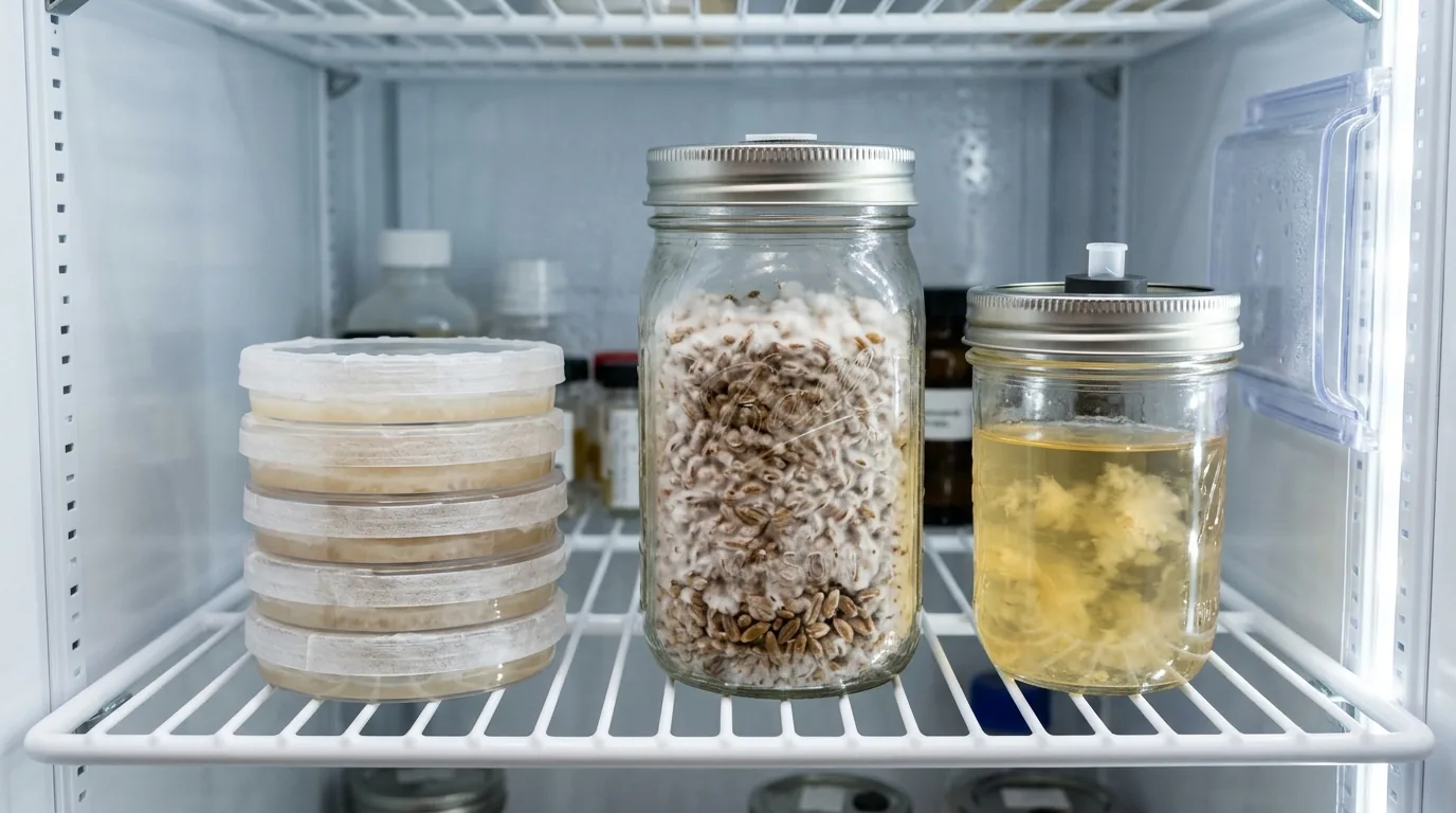 A refrigerator shelf with sealed agar plates, a colonized grain jar, and liquid culture storage.