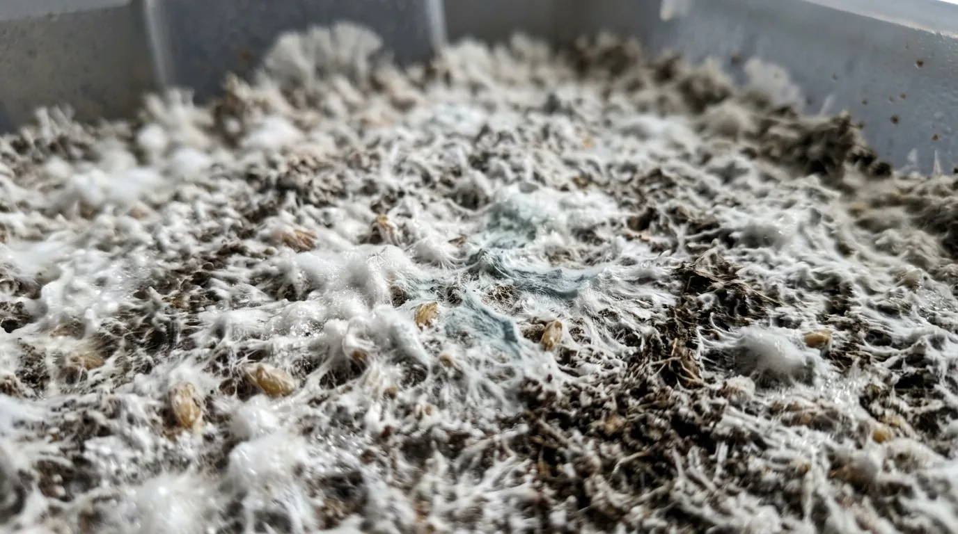 Close view of healthy white mycelium spreading across mushroom substrate.