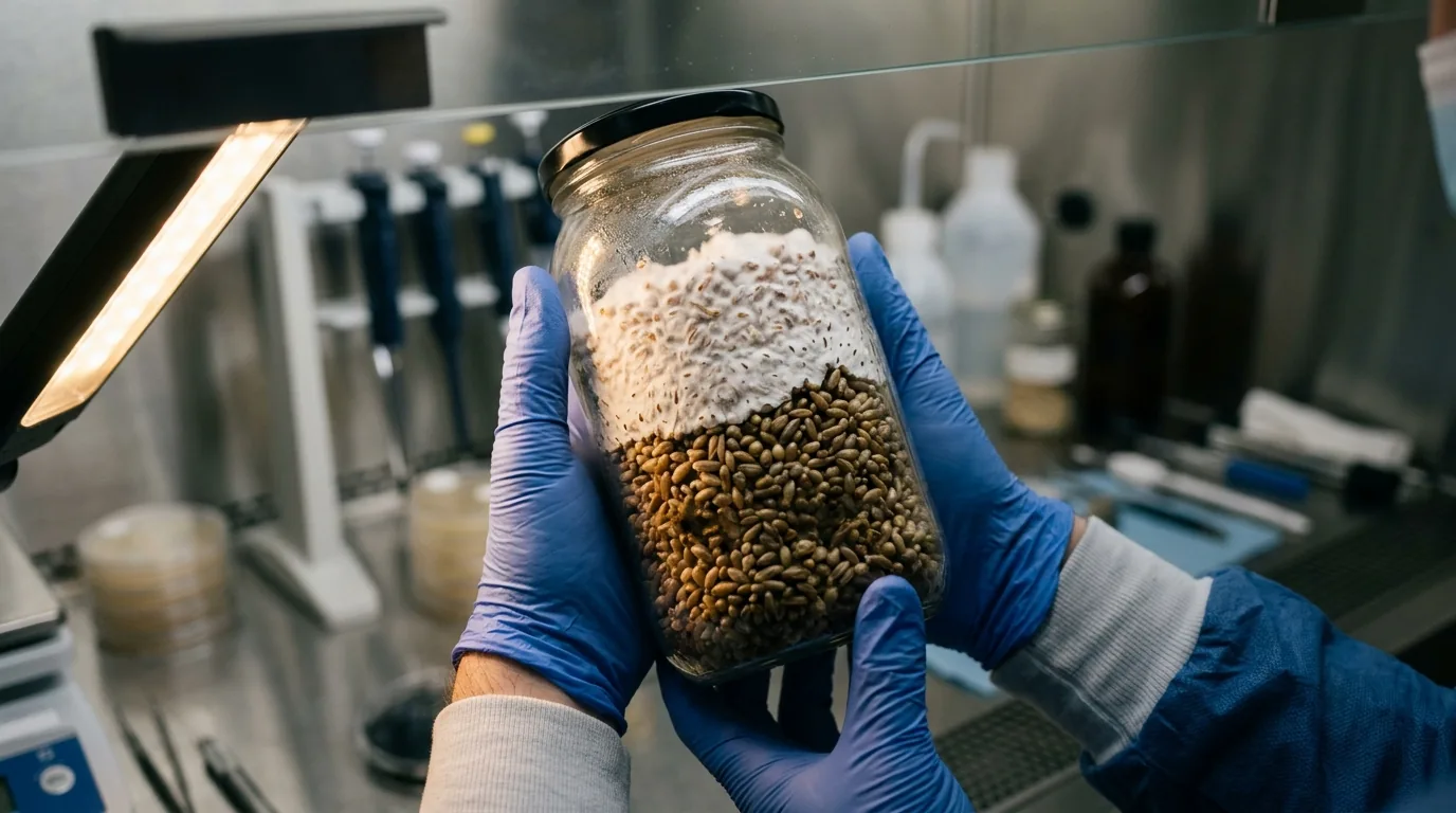 Gloved hands inspecting a grain jar under a small light.