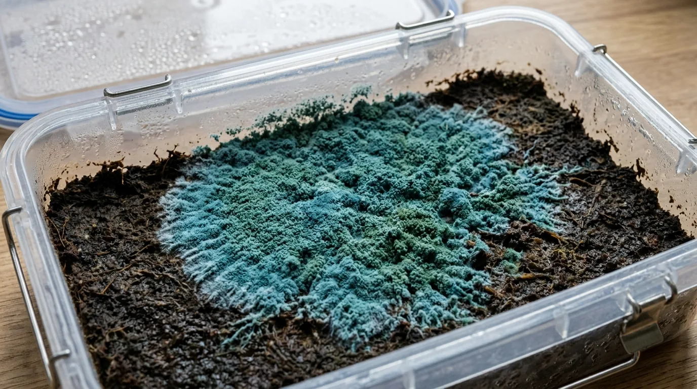 A green mold patch spreading across a sealed substrate tub.