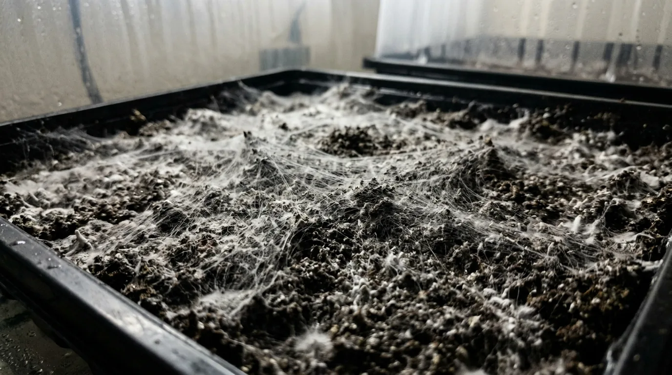A substrate tray showing mixed healthy white growth and darker suspect growth.