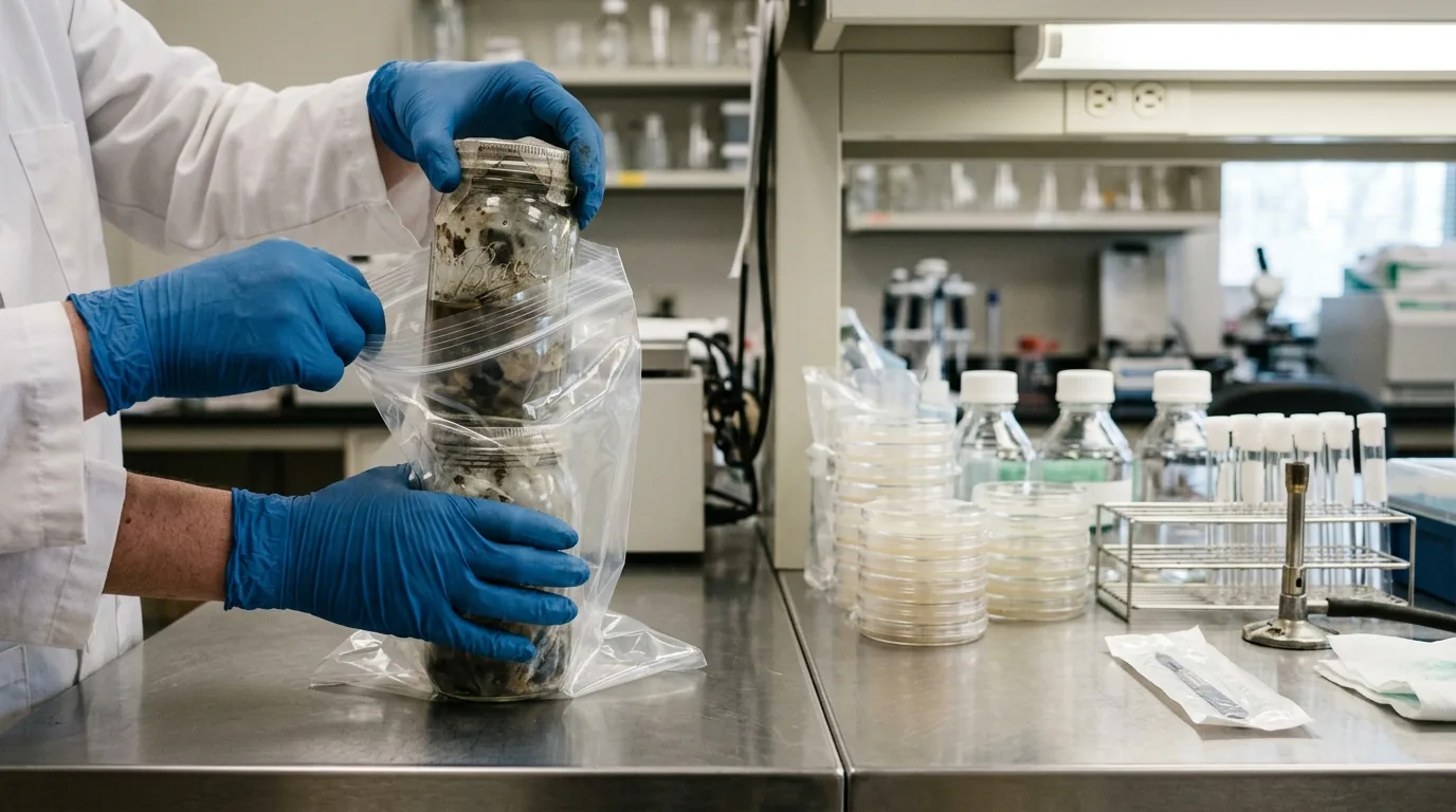 Gloved hands bagging a suspect jar away from clean equipment.