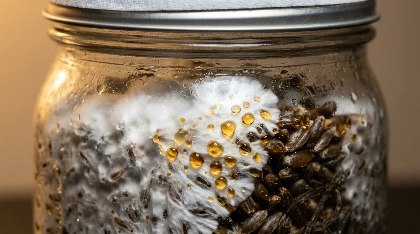 A sealed grain jar with yellow wet-looking bacterial patches.