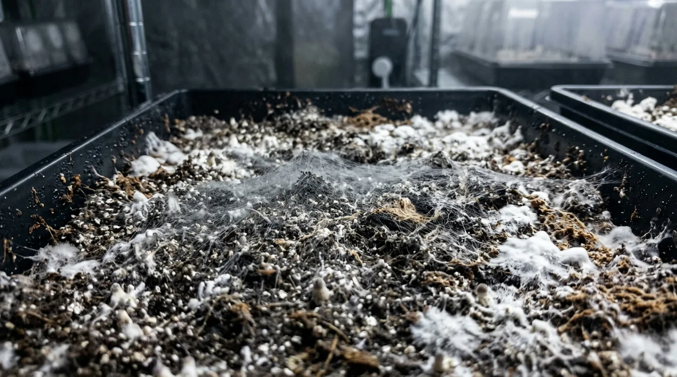 Dark fuzzy mold growth on a mushroom substrate surface.