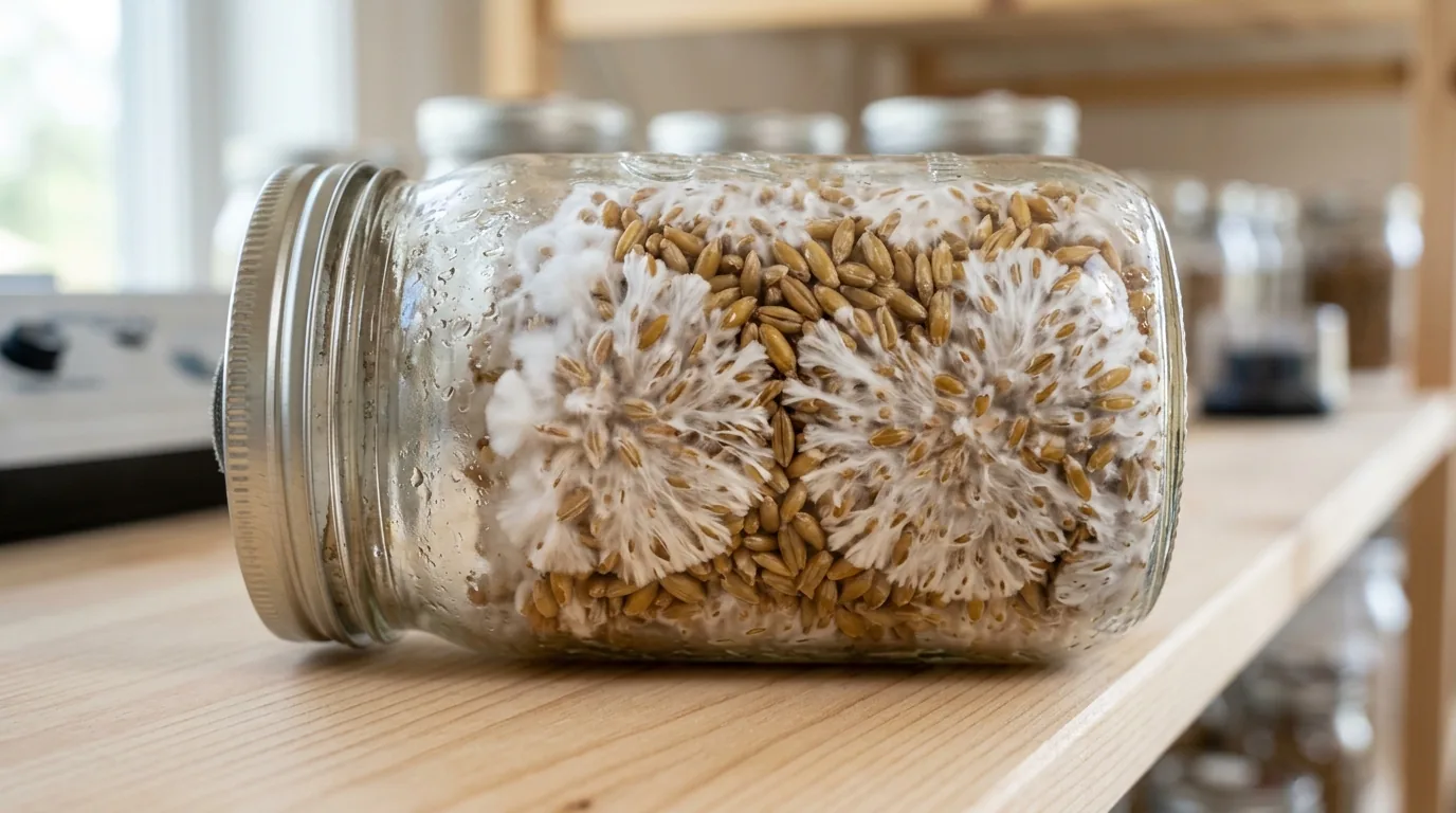 A colonized grain jar lying on its side for inspection.