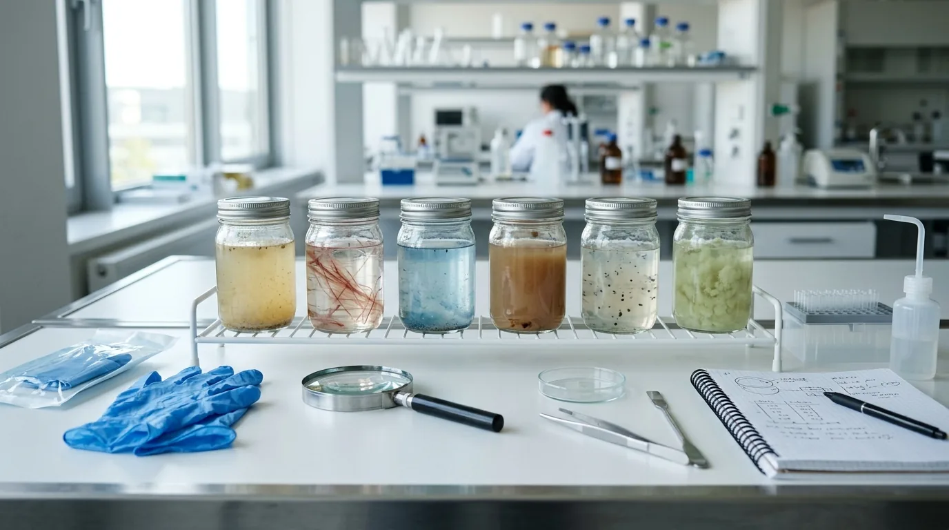 A row of jars and tools arranged for moisture and technique comparison.