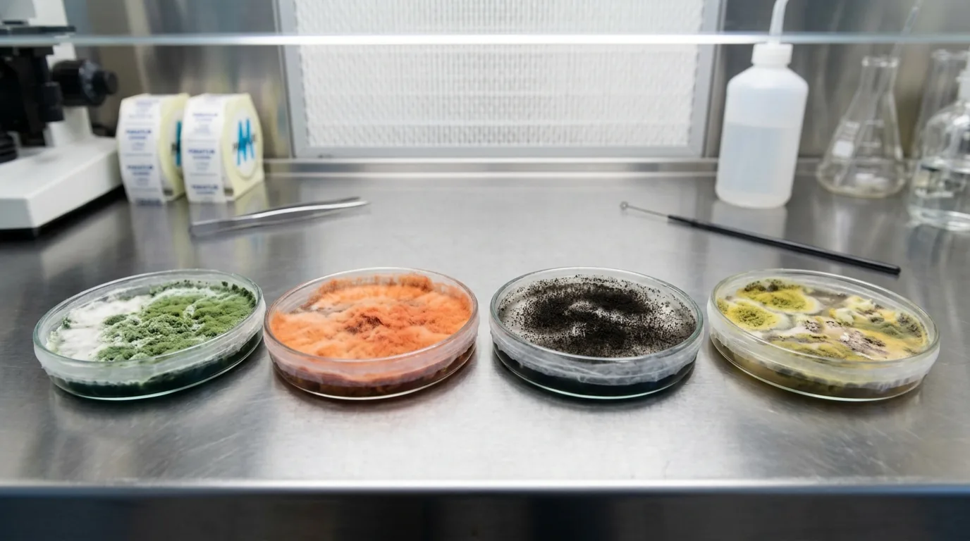 Petri dishes with green, orange, black, and yellow contamination colors.