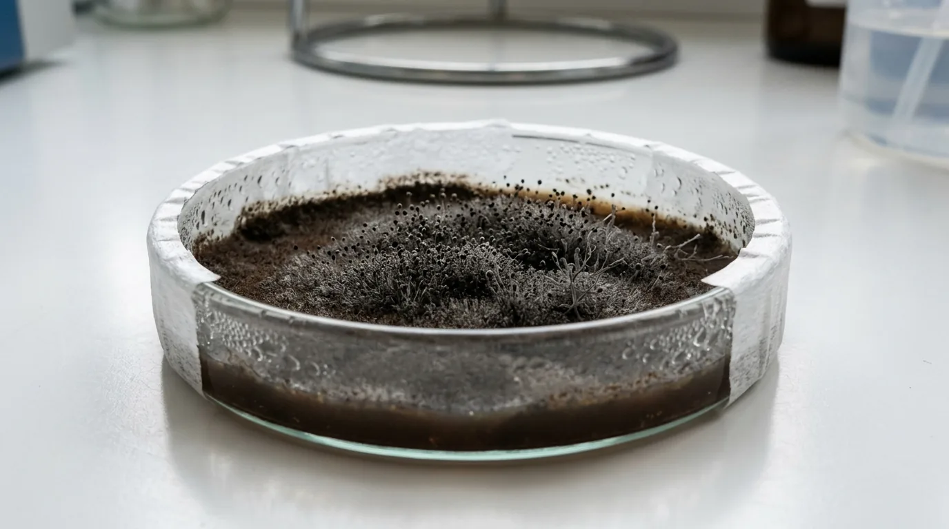 A sealed jar with dark surface contamination and moisture.
