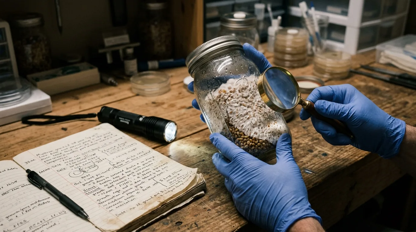 Gloved hands checking a grain jar beside notes and a flashlight.